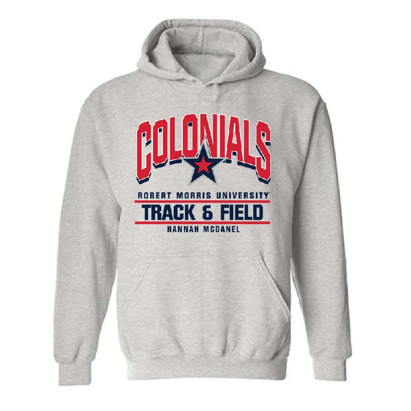 Robert Morris - NCAA Women's Track & Field : Hannah McDanel - Classic Fashion Shersey Hooded Sweatshirt Hoodie with Applique Textured Unique Robert Morris - NCAA Women's Track & Field : Hannah McDanel - Classic Fashion Shersey Hooded Sweatshirt Hoodie with Applique Textured Unique