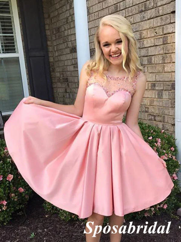 Sweet Soft Satin Spaghetti Straps Round Neck A-Line Mini Dresses/ Homecoming Dresses With Beading, PD3583 Chic Sleeveless Mini Dress Sweet Soft Satin Spaghetti Straps Round Neck A-Line Mini Dresses/ Homecoming Dresses With Beading, PD3583 Chic Sleeveless Mini Dress