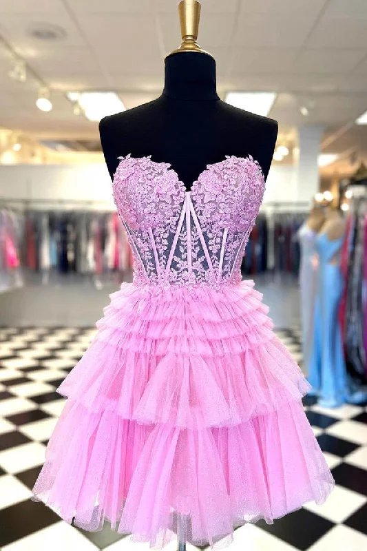 A Line Sweetheart Lace Appliques Cute Homecoming Dress Short Graduation Dress QH2452 Tunic Top Casual