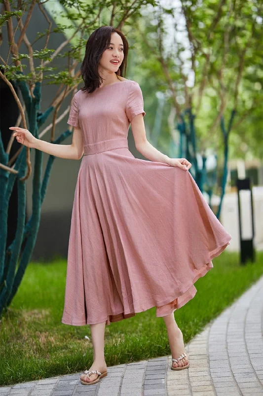 womens fit and flare linen swing dress 2184# Tunics Formal black