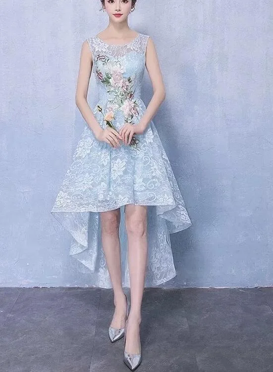 Light Blue Lace High Low Wedding Party Dresses, Elegant Formal Dresses, Prom Dresses Crew Neckline Sporty Light Blue Lace High Low Wedding Party Dresses, Elegant Formal Dresses, Prom Dresses Crew Neckline Sporty