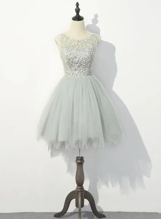 Cute Grey with Lace Round Neckline Party Dress, Women Formal Dresses Tunics Satin smooth