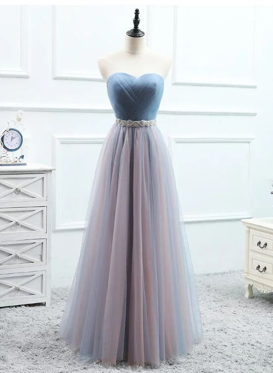 Tulle Sweetheart Blue Long Bridesmaid Dress with Belt, Charming Party Dress Boat Neckline Classic