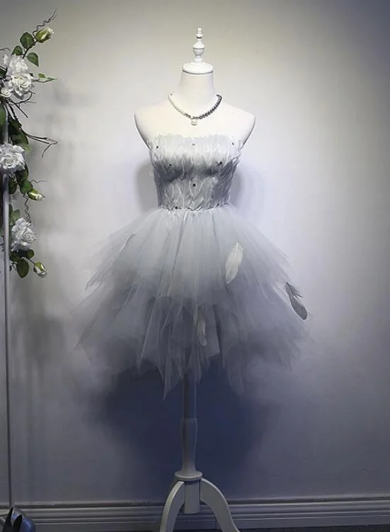 Grey Feather and Tulle Cute Party Dresses, Women Formal Dress Cowl Neckline Elegant