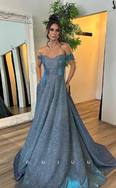 G4454 - Glamorous A-Line Off-Shoulder Shiny Prom Party Dress with Pocket Tunics Solid Classic G4454 - Glamorous A-Line Off-Shoulder Shiny Prom Party Dress with Pocket Tunics Solid Classic