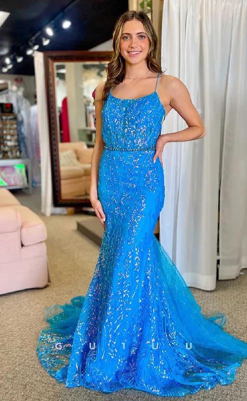 G4549 - Chic & Modern Mermaid Square Straps Sequined Appliques Tulle Prom Party Dress with Train High-Low Hemline Casual G4549 - Chic & Modern Mermaid Square Straps Sequined Appliques Tulle Prom Party Dress with Train High-Low Hemline Casual