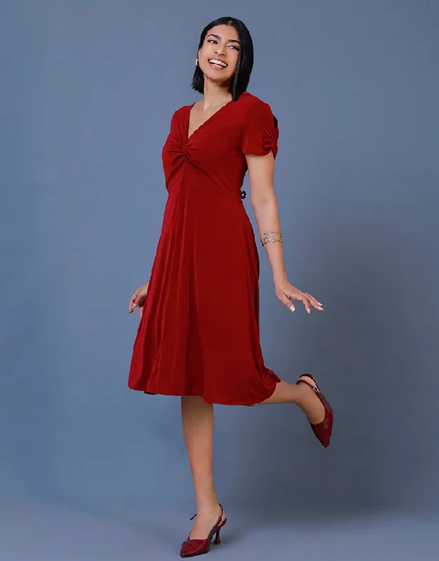 Flared Front Knot Dress with Puff Sleeves Tunics Fleece cozy