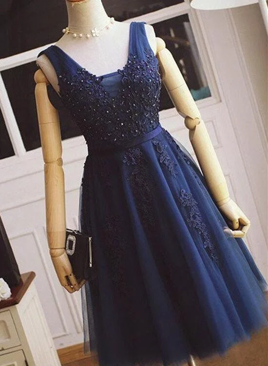 Navy Blue Homecoming Dresses, Applique Short Prom Dress, Knee Length Party Dress Chiffon Maxi Beach Navy Blue Homecoming Dresses, Applique Short Prom Dress, Knee Length Party Dress Chiffon Maxi Beach