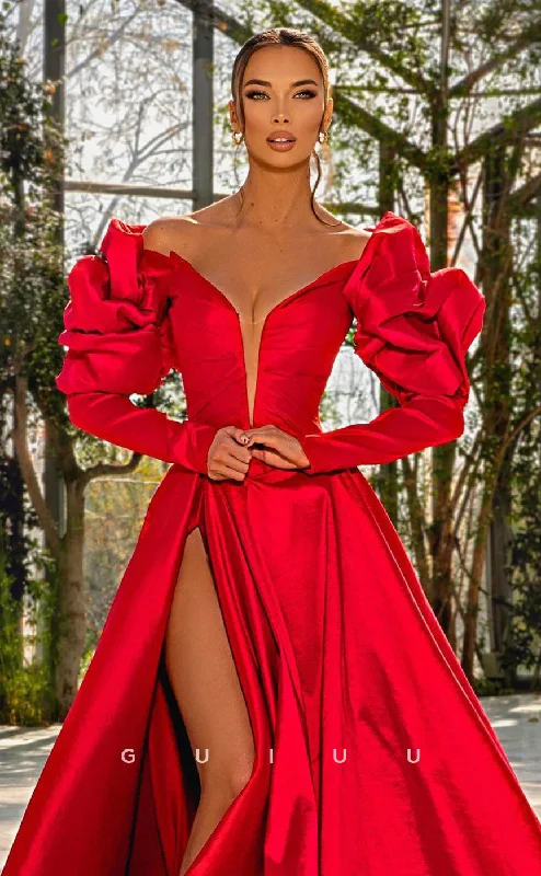 G4670 - Sexy & Hot A-Line V Neck Long Sleeves High Side Slit Red Prom Party Dress with Train Tunics Timeless classic G4670 - Sexy & Hot A-Line V Neck Long Sleeves High Side Slit Red Prom Party Dress with Train Tunics Timeless classic