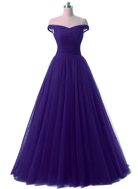 Beautiful Tulle Off Shoulder Party Dress, Lace-up Long Junior Prom Dress Peplum Ruffle Cocktail