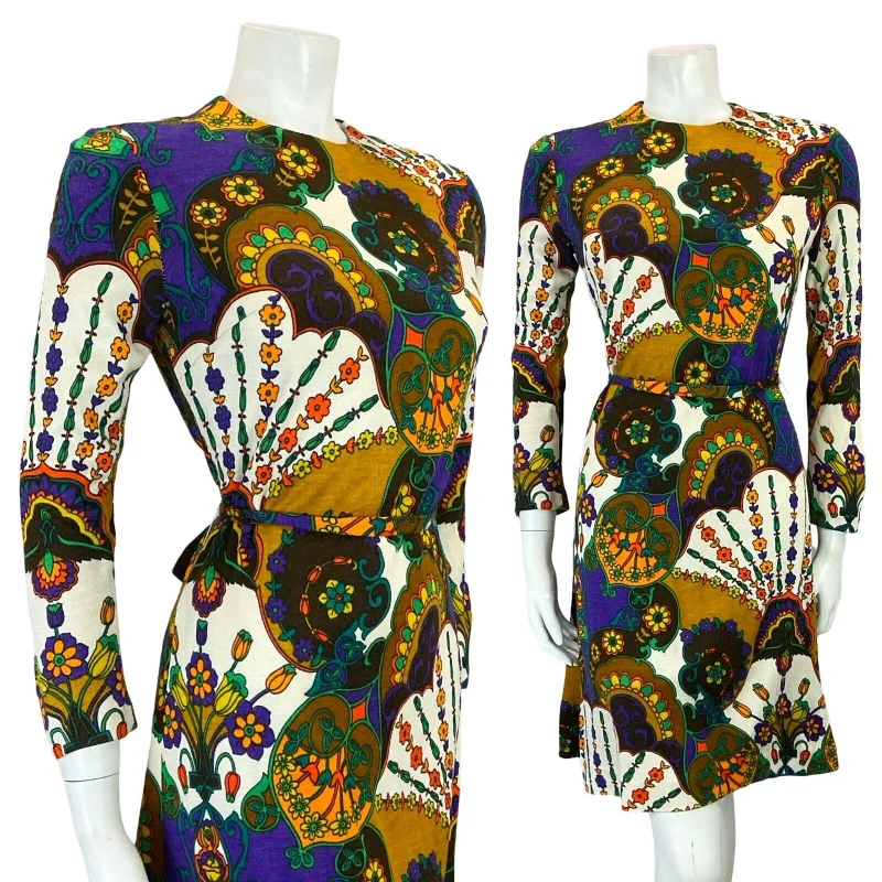 VTG 60S 70S PURPLE ORANGE BROWN WHITE PSYCHEDELIC FLORAL TIE WAIST DRESS 8 Tunics Yoga stretchy