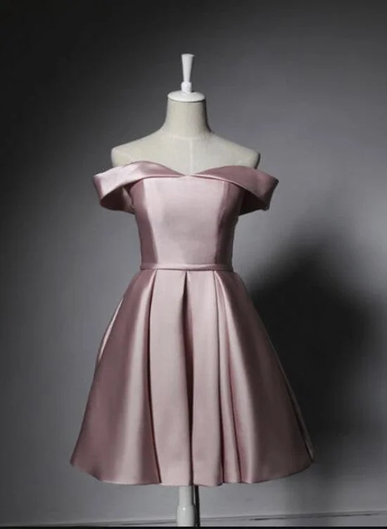 Light Pink Homecoming Dress, Off Shoulder Satin Short Party Dress with Belt, Prom Dress Tunics Formal black Light Pink Homecoming Dress, Off Shoulder Satin Short Party Dress with Belt, Prom Dress Tunics Formal black