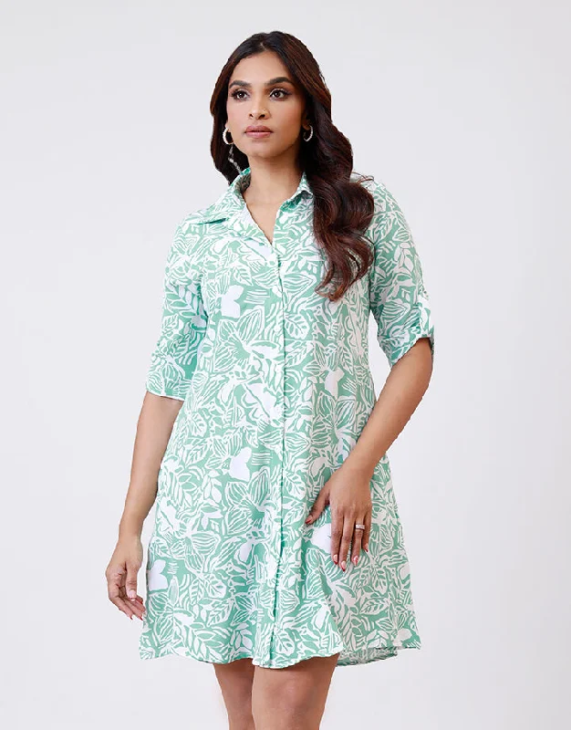 Printed A-Line Dress with Side Pockets Turtleneck Neckline Stylish