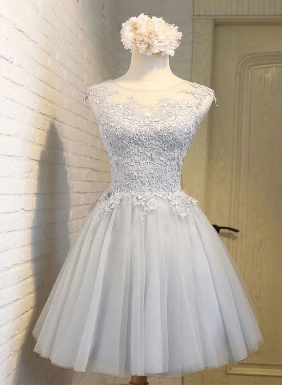 Grey Round Neckline Knee Length Party Dress, Grey Homecoming Dresses Halter Neckline Beach Grey Round Neckline Knee Length Party Dress, Grey Homecoming Dresses Halter Neckline Beach