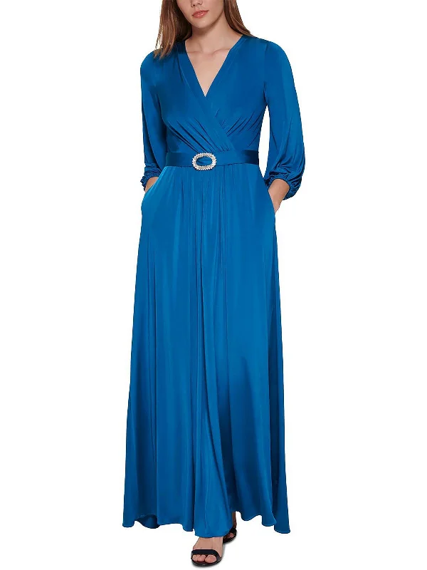 Petites Womens Belted Long Evening Dress Turtleneck Warm Winter