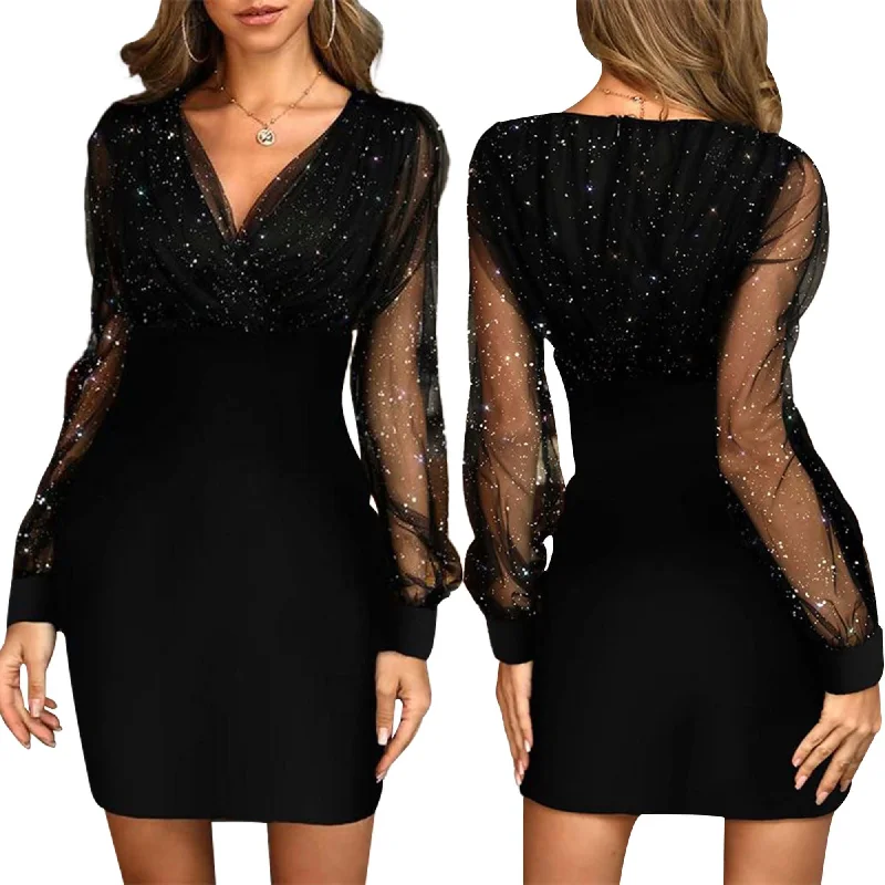 Bcenoilua Women's Contrast V-Neck Mesh Long Sleeve Sexy Slim Dress Retro Elegant Party Club Dress Ladies Cocktail Prom Tunics Silk luxurious Bcenoilua Women's Contrast V-Neck Mesh Long Sleeve Sexy Slim Dress Retro Elegant Party Club Dress Ladies Cocktail Prom Tunics Silk luxurious