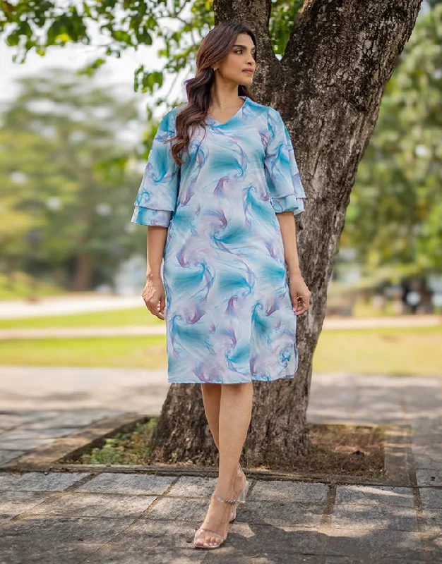 Printed V-Neck A-Line Dress Square Neckline Feminine