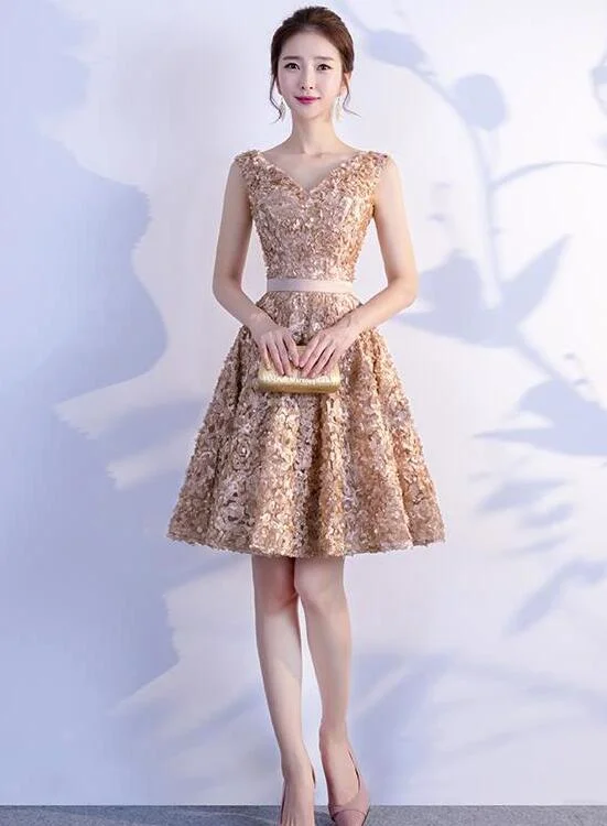 Beautiful Floral V-neckline Knee Length Party Dress, Handmade Party Dresses Tunics Evening elegant Beautiful Floral V-neckline Knee Length Party Dress, Handmade Party Dresses Tunics Evening elegant