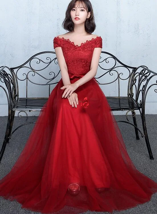 Beautiful Red Sweetheart Lace Top Long Party Dress, Off Shoulder Prom Dress Tunics Luxurious premium