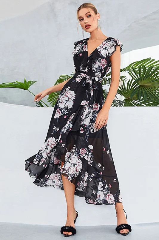 Black A-Line V-Neck Floral Print Chiffon Party Dress Tunics Canvas sturdy