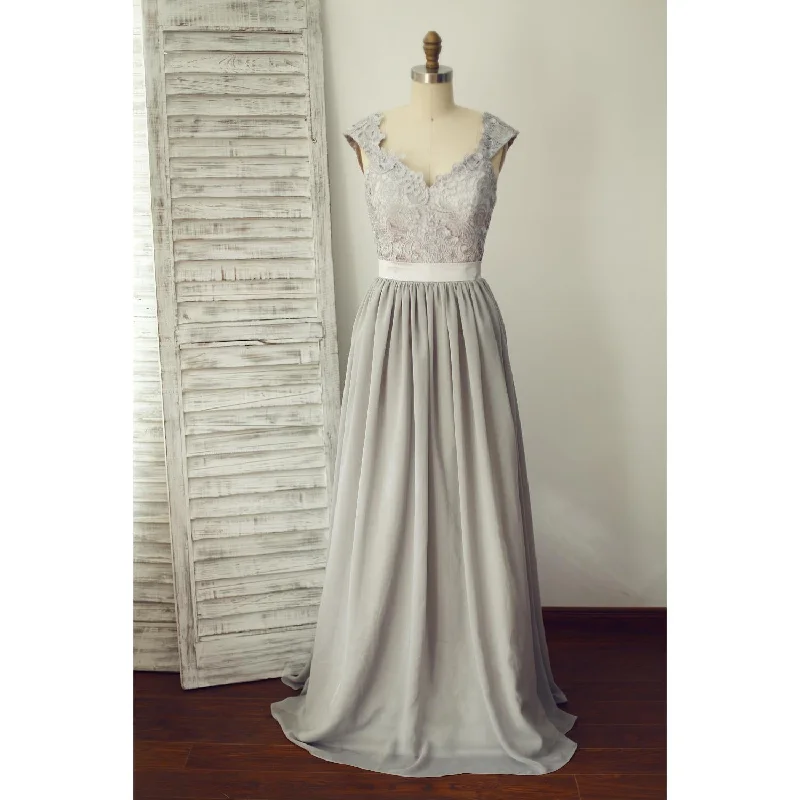 Grey Lace and Chiffon Cap Sleeves Bridesmaid Dress, Grey Wedding Party Dress Satin Halter Glamorous Grey Lace and Chiffon Cap Sleeves Bridesmaid Dress, Grey Wedding Party Dress Satin Halter Glamorous