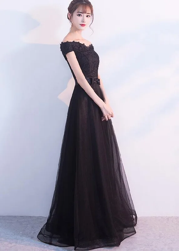 Beautiful Black Off Shoulder Lace and Tulle Party Dress, Charming Formal Gown sweetheart Neckline Romantic