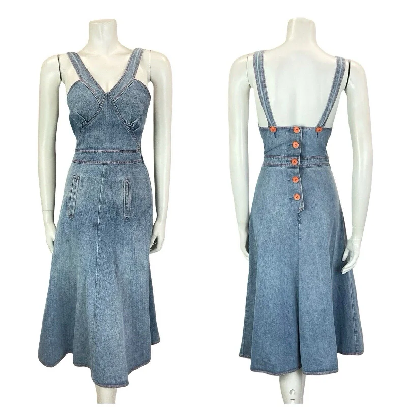 VTG 70S LIGHT WASH BLUE DENIM RED CONTRAST STITCH RIC RAC STRAPPY A LINE DRESS 6 Boat Neckline Classic VTG 70S LIGHT WASH BLUE DENIM RED CONTRAST STITCH RIC RAC STRAPPY A LINE DRESS 6 Boat Neckline Classic