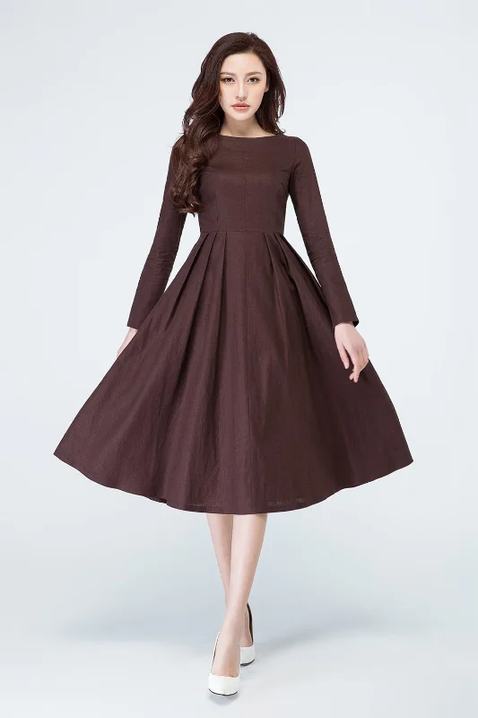 A line long sleeves brown linen dress for spring 1700# Tunics Floral girly