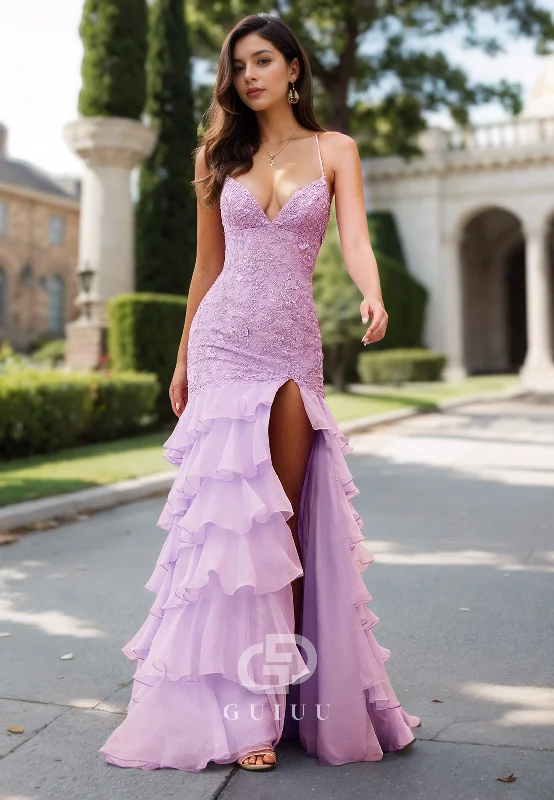 Lilac Spaghetti Straps V-Neck Prom Dress with Slit Ruffles Evening Party Dress Tunics Yoga stretchy Lilac Spaghetti Straps V-Neck Prom Dress with Slit Ruffles Evening Party Dress Tunics Yoga stretchy