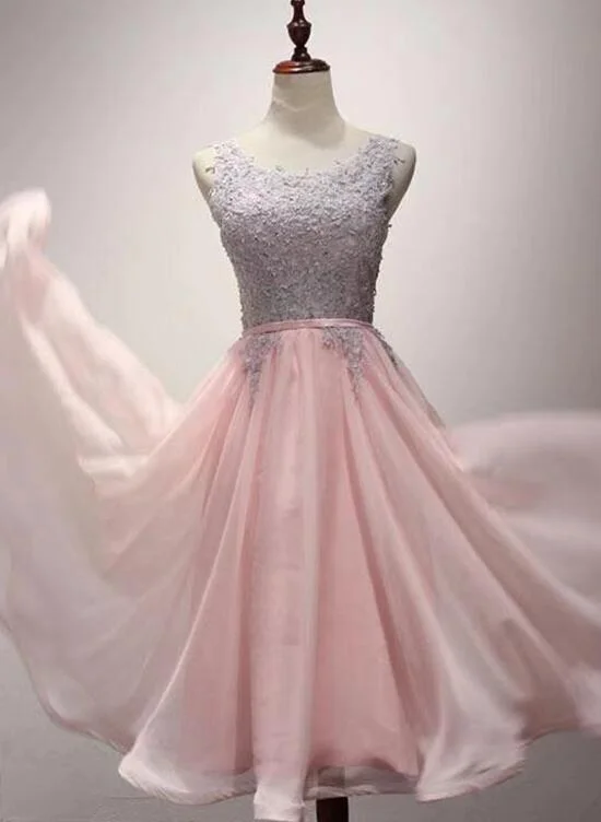 Light Pink Round Neckline Chiffon and Lace Knee Length Party Dress, Wedding Party Dresses Tunics Exclusive limited Light Pink Round Neckline Chiffon and Lace Knee Length Party Dress, Wedding Party Dresses Tunics Exclusive limited