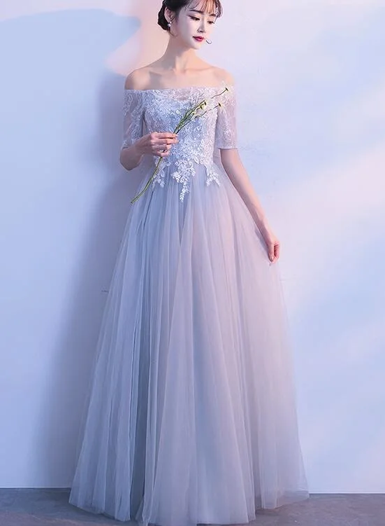 Light Grey Short Sleeves Tulle and Lace Wedding Party Dress, Cute Formal Gown Tunics Recommended stylist Light Grey Short Sleeves Tulle and Lace Wedding Party Dress, Cute Formal Gown Tunics Recommended stylist