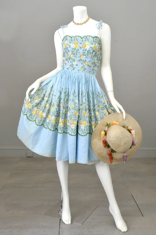1950s Pale Sky Blue Embroidered Patio Dress | 1950s Party Dress | 1950s Embroidered Patio Dress Tunics Bestseller popular 1950s Pale Sky Blue Embroidered Patio Dress | 1950s Party Dress | 1950s Embroidered Patio Dress Tunics Bestseller popular