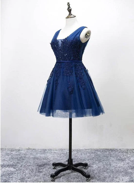 Navy Blue Homecoming Dresses, Short Prom Dresses, V-neckline Party Dresses Tunics Lace romantic Navy Blue Homecoming Dresses, Short Prom Dresses, V-neckline Party Dresses Tunics Lace romantic