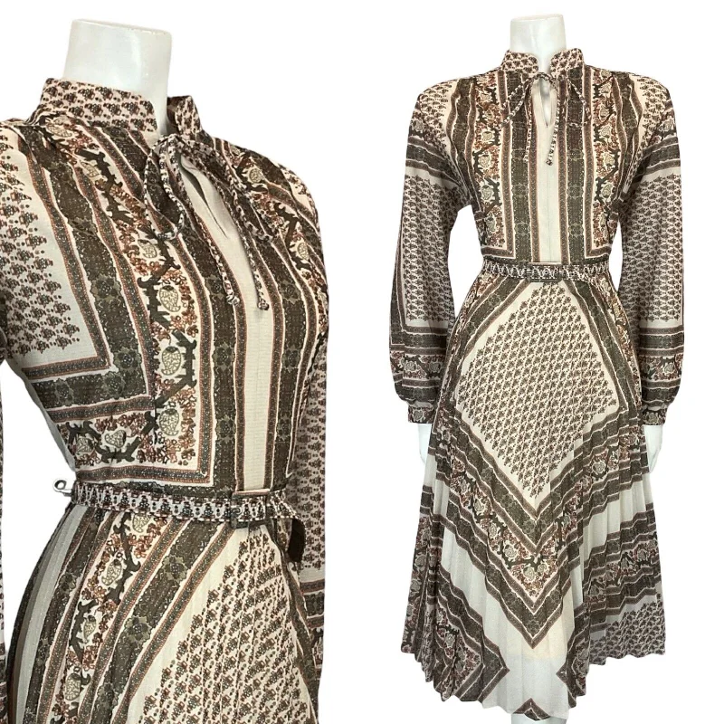 VTG 70S BROWN CREAM SPARKLY BOHO FORAL GEOMETRIC PLEATED BELTED DRESS 12 Tunics Wedding white