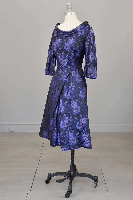 1950s 60s Black Purple Floral Print Office Party Dress Tunics Essential wardrobe