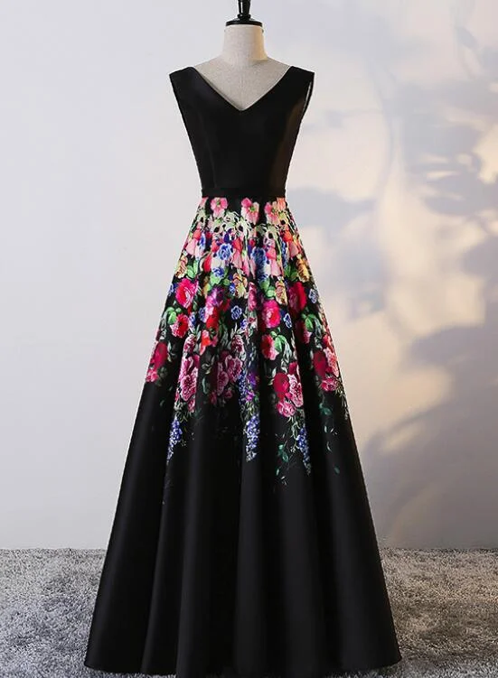 Black Floral Elegant Floor Length Party Dress , Black Satin Lace-up Formal Gown Tunics Fashionable trendy Black Floral Elegant Floor Length Party Dress , Black Satin Lace-up Formal Gown Tunics Fashionable trendy