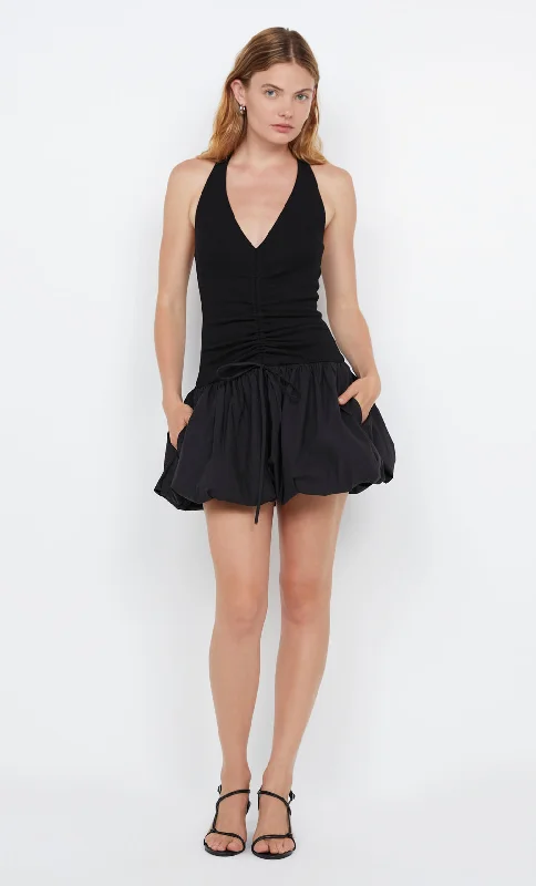 FREYA BUBBLE MINI DRESS  - BLACK Casual V-Neck Mini Dress