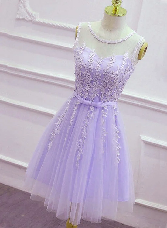 Lovely Tulle Round Neckline Applique Purple Party Dress, Lavender Homecoming Dress 2019 Tunics Mesh breathable