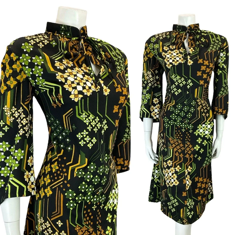 VTG 60S TIE MANDARIN COLLAR FLORAL GEOMETRIC BLACK BROWN GREEN SHIFT DRESS 16 Tunics Velvet soft