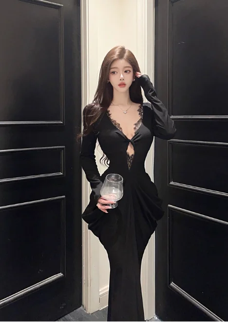 Elegant Deep V - neck Black Dress with Lace Inset Tunics Cozy soft
