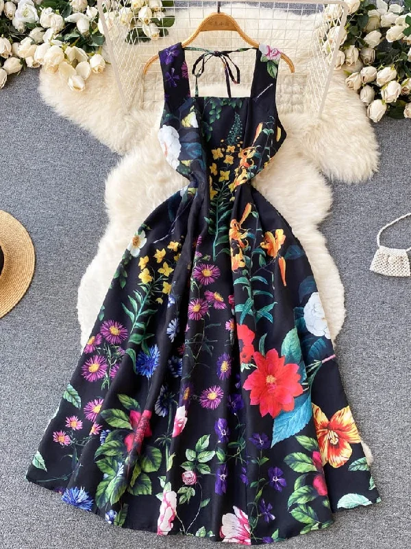 Vibrant Floral Print Back Tie Square Neck Dress Tunics Spring floral