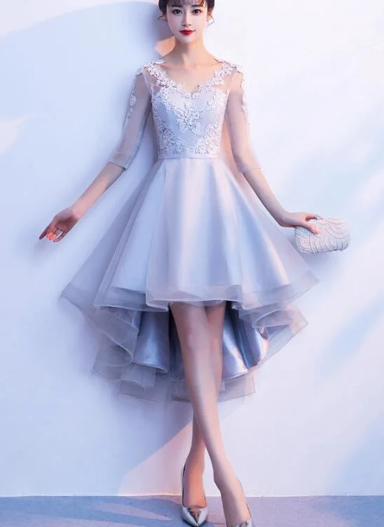 Grey Short Sleeves High Low Party Dress, Lace-up Backless Formal Dress Tunics Cozy soft Grey Short Sleeves High Low Party Dress, Lace-up Backless Formal Dress Tunics Cozy soft