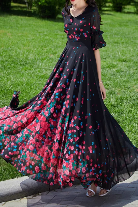 Floral printed black swing chiffon dresses 4989 Maxi Flowy Bohemian