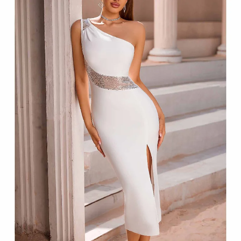 Women White Sheath Dress One Shoulder Knitted Bodycon Party Dress Tunics Velvet soft Women White Sheath Dress One Shoulder Knitted Bodycon Party Dress Tunics Velvet soft