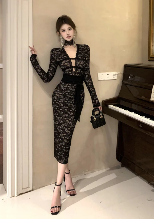 Stylish Long - sleeve Black Lace Dress with Cut - out Detail Tunics Review highly