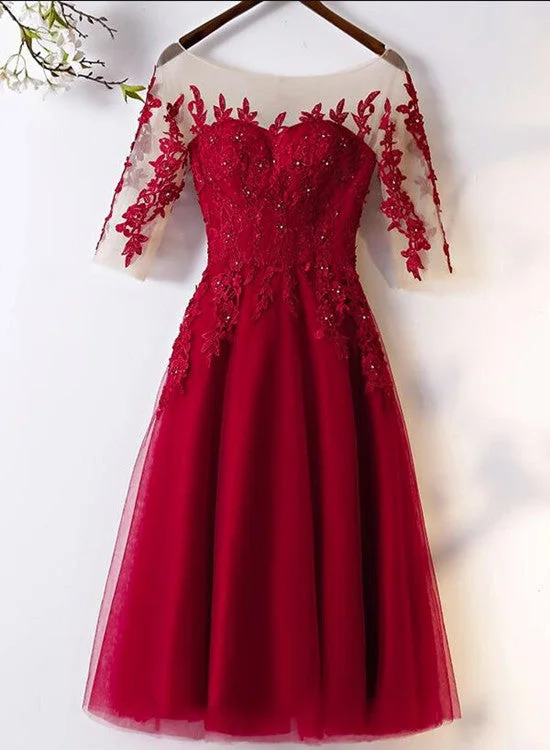 Wine Red Off Shoulder Short Sleeves Party Dress, Dark Red Party Dress A-Line Day Work Wine Red Off Shoulder Short Sleeves Party Dress, Dark Red Party Dress A-Line Day Work