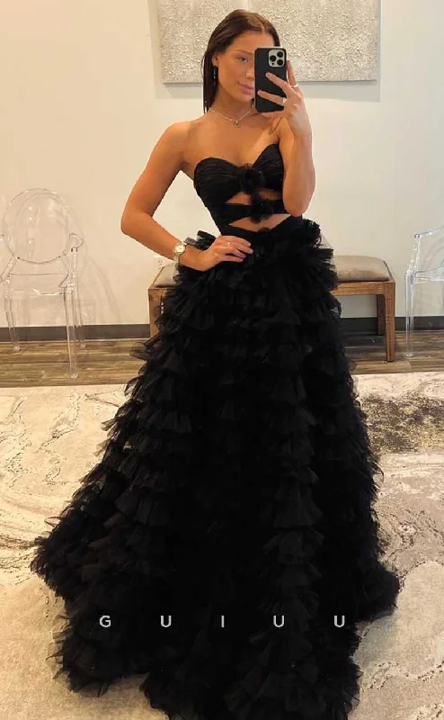 G4430 - Chic & Modern Black A-Line Strapless  Sleeveless Tulle Tiered Illusion Open Back Long Sweep Prom Party Dress With Slit Tunics Gym athletic