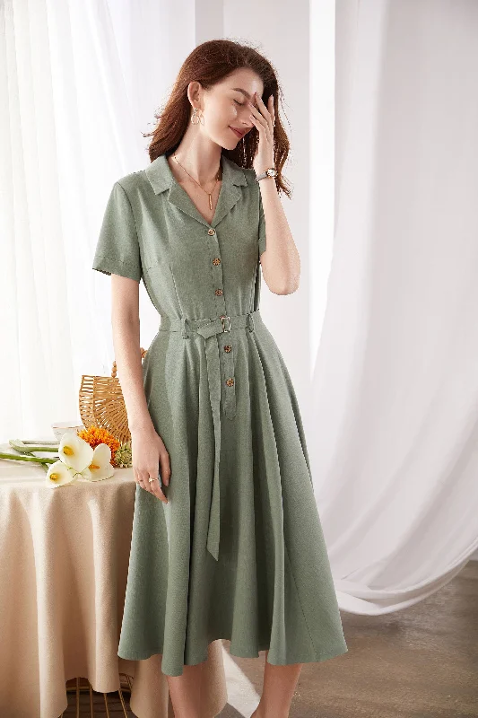 50's Summer green swing Button front Dress 3381# Boat Neckline Classic
