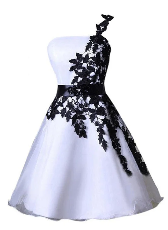White and Black One Shoulder Graduation Party Dress, Lovely Party Dresses, Cute Prom Dress Tunics Silk luxurious White and Black One Shoulder Graduation Party Dress, Lovely Party Dresses, Cute Prom Dress Tunics Silk luxurious