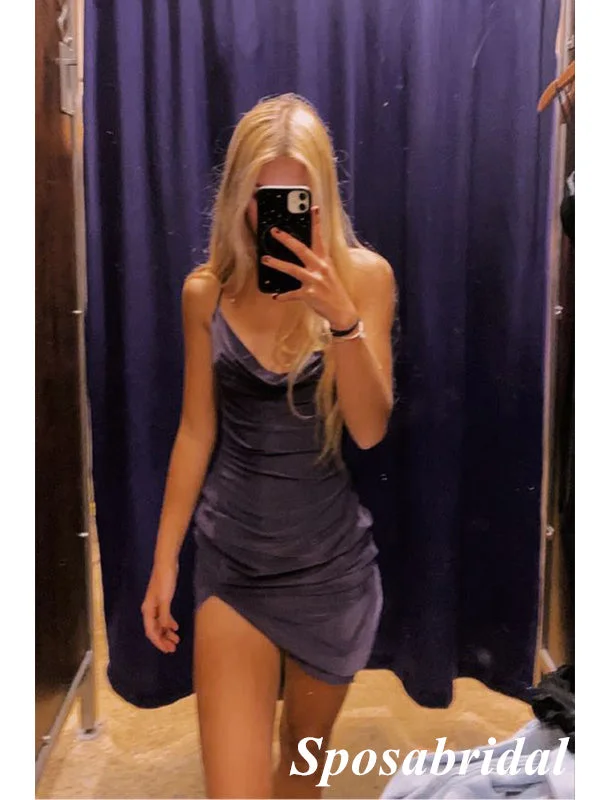 Sexy Soft Satin Spaghetti Straps Sleeveless Sheath Mini Dresses/ Homecoming Dresses, PD3663 Chic Pleated Mini Dress